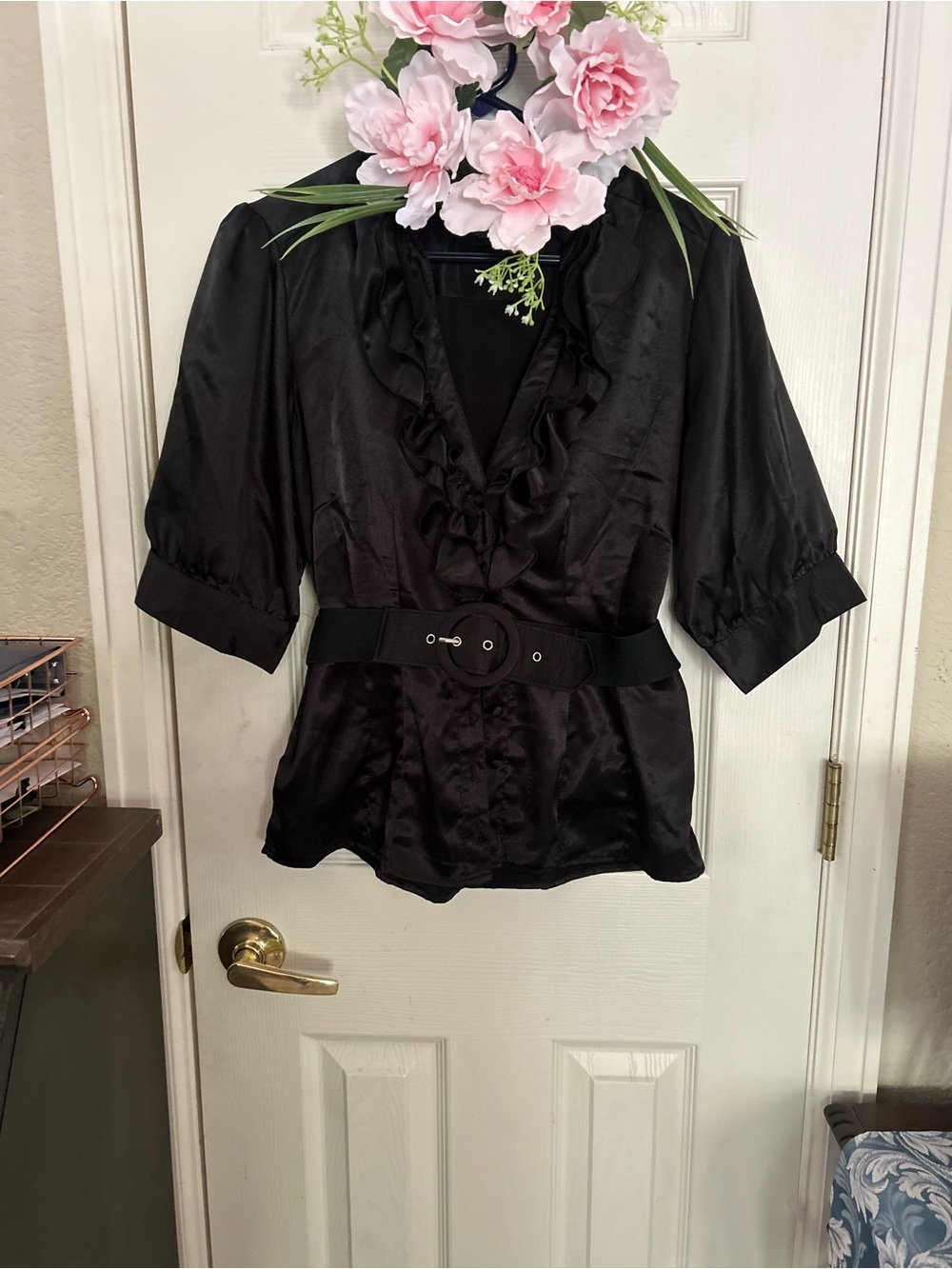 Wet Seal Black Satin Blouse with Ruffle Neck size XL.( note ) looks smaller.